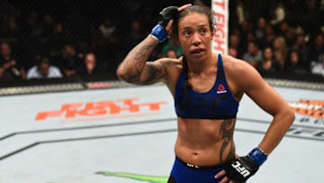 BROOKLYN, NEW YORK - FEBRUARY 11: Germaine de Randamie of The Netherlands heads to her corner in between rounds while facing Holly Holm in their women's featherweight championship bout during the UFC 208 event inside Barclays Center on February 11, 2017 in Brooklyn, New York. (Photo by Jeff Bottari/Zuffa LLC/Zuffa LLC via Getty Images)