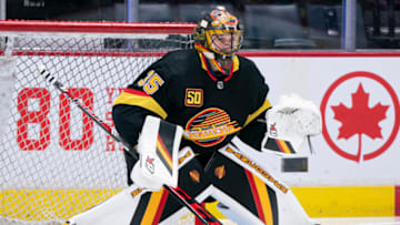 VANCOUVER, BC - NOVEMBER 16: Goalie Thatcher Demko #35 of the Vancouver Canucks readies to make a save during the pre-game warm up prior to NHL action against the Colorado Avalanche at Rogers Arena on November 16, 2019 in Vancouver, Canada. (Photo by Rich Lam/Getty Images)