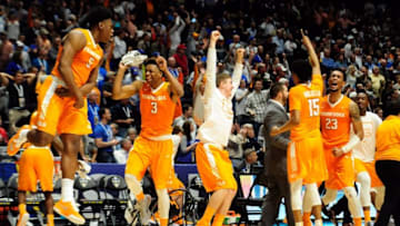 Mar 10, 2016; Nashville, TN, USA; Tennessee Volunteers celebrate after winning game 3 of the SEC tournament against Vanderbilt Commodores at Bridgestone Arena. Tennessee Volunteers won 67 to 65. Mandatory Credit: Joshua Lindsey-USA TODAY Sports