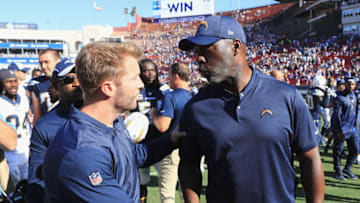 LOS ANGELES, CA - SEPTEMBER 23: Head coach Sean McVay of the Los Angeles Rams is congratulated by head coach Anthony Lynn of the Los Angeles Chargers after the Rams defeated the Chargers 35-23 at Los Angeles Memorial Coliseum on September 23, 2018 in Los Angeles, California. (Photo by Sean M. Haffey/Getty Images)