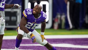 Sep 1, 2016; Minneapolis, MN, USA; Minnesota Vikings running back Adrian Peterson (28) stretches before the game against the Los Angeles Rams at U.S. Bank Stadium. Mandatory Credit: Brad Rempel-USA TODAY Sports