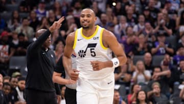 Oct 19, 2023; Sacramento, California, USA; Utah Jazz guard Talen Horton-Tucker (5) smiles while running up the court during the fourth quarter at Golden 1 Center. Mandatory Credit: Ed Szczepanski-USA TODAY Sports
