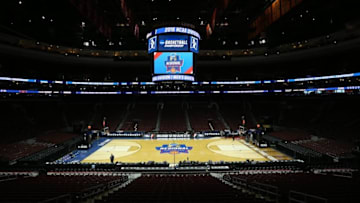 Mar 27, 2016; Philadelphia, PA, USA; General view of the court prior to the championship game in the East regional of the NCAA Tournament between the North Carolina Tar Heels and the Notre Dame Fighting Irish at Wells Fargo Center. Mandatory Credit: Bill Streicher-USA TODAY Sports
