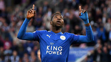 LEICESTER, ENGLAND - MAY 09: Kelechi Iheanacho of Leicester City celebrates after scoring his sides first goal during the Premier League match between Leicester City and Arsenal at The King Power Stadium on May 9, 2018 in Leicester, England. (Photo by Shaun Botterill/Getty Images)