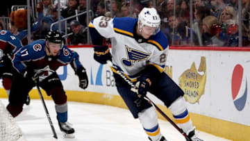 DENVER, CO - APRIL 07: Dmitrij Jaskin #23 of the St Louis Blues brings the puck out from behind the net against the Colorado Avalanche at the Pepsi Center on April 7, 2018 in Denver, Colorado. (Photo by Matthew Stockman/Getty Images)