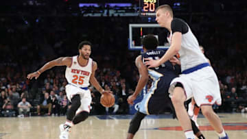 Oct 29, 2016; New York, NY, USA; New York Knicks guard Derrick Rose (25) dribbles the ball during the third quarter against the Memphis Grizzlies at Madison Square Garden. New York Knicks won 111-104. Mandatory Credit: Anthony Gruppuso-USA TODAY Sports