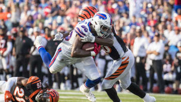 ORCHARD PARK, NY - AUGUST 26: Jason Croom #80 of the Buffalo Bills is brought down by Brandon Wilson #40 of the Cincinnati Bengals during the third quarter of a preseason game at New Era Field on August 26, 2018 in Orchard Park, New York. Cincinnati defeats Buffalo 26-13 in the preseason matchup. (Photo by Brett Carlsen/Getty Images)