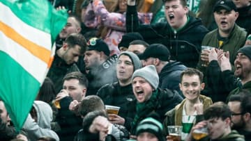 Celtic fans cheer prior to the Europa League last 32 first leg football match between FC Copenhagen and Celtic in Copenhagen on February 20, 2020. (Photo by Niels Christian Vilmann / Ritzau Scanpix / AFP) / Denmark OUT (Photo by NIELS CHRISTIAN VILMANN/Ritzau Scanpix/AFP via Getty Images)