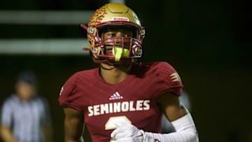 Florida High junior Ashton Hampton (2) runs to the sidelines in the Class 2S state semifinal matchup between Florida High and Bishop Verot on Dec. 2, 2022, at Mike Hickman Stadium. The Seminoles won, 38-28.J9t8286