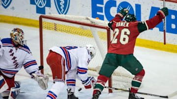 Apr 2, 2015; Saint Paul, MN, USA; Minnesota Wild forward Thomas Vanek (26) celebrates his goal during the third period against the New York Rangers at Xcel Energy Center. The Rangers defeated the Wild 3-2. Mandatory Credit: Brace Hemmelgarn-USA TODAY Sports