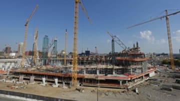 Sep 28, 2014; Minneapolis, MN, USA; Construction progresses at the new Minnesota Vikings Stadium in downtown Minneapolis on the site of the former Metrodome. Mandatory Credit: Bruce Kluckhohn USA TODAY Sports