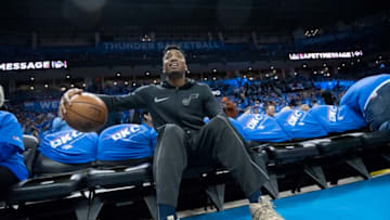 OKLAHOMA CITY, OK - APRIL 15: Donovan Mitchell #45 of the Utah Jazz waits for Game One of the Western Conference in the 2018 NBA Playoffs against the Oklahoma City Thunder to start at the Chesapeake Energy Arena on April 15, 2018 in Oklahoma City, Oklahoma. NOTE TO USER: User expressly acknowledges and agrees that, by downloading and or using this photograph, User is consenting to the terms and conditions of the Getty Images License Agreement. (Photo by J Pat Carter/Getty Images) *** Local Caption *** Donovan Mitchell;