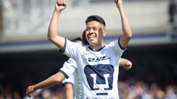MEXICO CITY, MEXICO - JANUARY 12: Sebastian Saucedo of Pumas celebrates after scoring the first goal of his team during the 1st round match between Pumas UNAM and Pachuca as part of the Torneo Clausura 2020 Liga MX at Olimpico Universitario Stadium on January 12, 2020 in Mexico City, Mexico. (Photo by Pedro Mera/Getty Images)