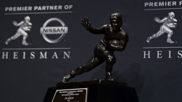 NEW YORK, NY - DECEMBER 14: The trophy presented to Quarterback Joe Burrow of the LSU Tigers winner of the 85th annual Heisman Memorial Trophy is seen on December 14, 2019 at the Marriott Marquis in New York City. (Photo by Adam Hunger/Getty Images)