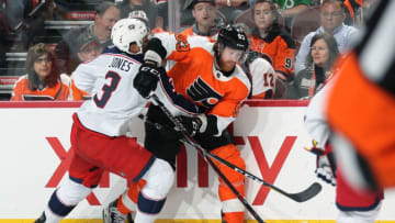PHILADELPHIA, PA - MARCH 15: Jakub Voracek #93 of the Philadelphia Flyers battles for the puck along the boards against Seth Jones #3 of the Columbus Blue Jackets on March 15, 2018 at the Wells Fargo Center in Philadelphia, Pennsylvania. (Photo by Len Redkoles/NHLI via Getty Images)
