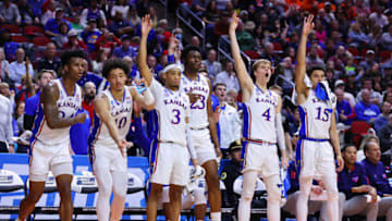 DES MOINES, IOWA - MARCH 16: Players of Kansas Jayhawks celebrate against the Howard Bison during the second half in the first round of the NCAA Men's Basketball Tournament at Wells Fargo Arena on March 16, 2023 in Des Moines, Iowa. (Photo by Michael Reaves/Getty Images)