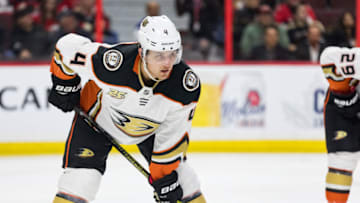OTTAWA, ON - FEBRUARY 07: Anaheim Ducks Defenceman Cam Fowler (4) prepares for a face-off during second period National Hockey League action between the Anaheim Ducks and Ottawa Senators on February 7, 2019, at Canadian Tire Centre in Ottawa, ON, Canada. (Photo by Richard A. Whittaker/Icon Sportswire via Getty Images)