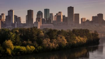 EDMONTON, CANADA - JULY 1: The downtown skyline is shrouded in a light smoggy haze on July 1, 2013 in Edmonton, Alberta, Canada. Edmonton, along with its neighbor to the south, Calgary, have experienced an economic energy surge as a result of shale oil discoveries in the region. (Photo by George Rose/Getty Images)