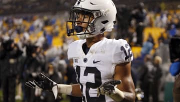 PITTSBURGH, PA - SEPTEMBER 08: Mac Hippenhammer #12 of the Penn State Nittany Lions reacts after catching a 11 yard touchdown pass against the Pittsburgh Panthers in the fourth quarter on September 8, 2018 at Heinz Field in Pittsburgh, Pennsylvania. (Photo by Justin K. Aller/Getty Images)