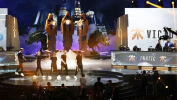 GWANGJU, SOUTH KOREA - OCTOBER 28: Team Fnatic of Europe celebrates their winning against team Cloud9 of North America during the semifinal match of 2018 The League of Legends World Championship at Gwangju Women's University Universiade Gymnasium on October 28, 2018 in Gwangju, South Korea. (Photo by Woohae Cho/Getty Images)