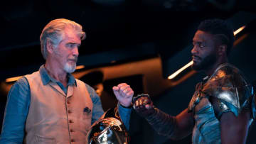(L-r) PIERCE BROSNAN as Dr. Fate and ALDIS HODGE as Hawkman in New Line Cinema’s action adventure “BLACK ADAM,” a Warner Bros. Pictures release. © 2022 Warner Bros. Entertainment Inc. All Rights Reserved.