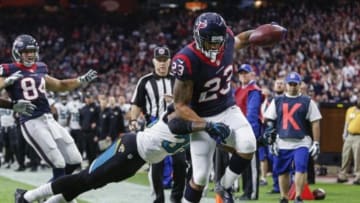Dec 28, 2014; Houston, TX, USA; Houston Texans running back Arian Foster (23) scores a touchdown during the first quarter against the Jacksonville Jaguars at NRG Stadium. Mandatory Credit: Troy Taormina-USA TODAY Sports