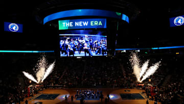 MINNEAPOLIS, MN - APRIL 11: The Minnesota Timberwolves reveal their new logo during halftime against the Oklahoma City Thunder on April 11, 2017 at Target Center in Minneapolis, Minnesota. NOTE TO USER: User expressly acknowledges and agrees that, by downloading and or using this Photograph, user is consenting to the terms and conditions of the Getty Images License Agreement. Mandatory Copyright Notice: Copyright 2017 NBAE (Photo by David Sherman/NBAE via Getty Images)