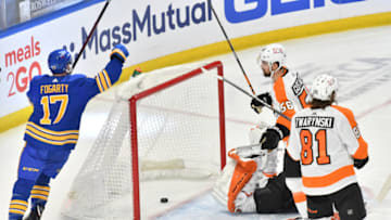 Mar 31, 2021; Buffalo, New York, USA; Buffalo Sabres center Steven Fogarty (17) reacts after scoring a goal against the Philadelphia Flyers during the second period at KeyBank Center. Mandatory Credit: Mark Konezny-USA TODAY Sports