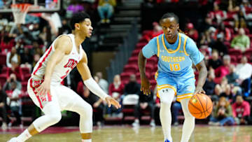 LAS VEGAS, NEVADA - NOVEMBER 08: Brandon Davis #10 of the Southern University Jaguars drives against Justin Webster #2 of the UNLV Rebels in the second half of a game at the Thomas & Mack Center on November 08, 2023 in Las Vegas, Nevada. The Jaguars defeated the Rebels 85-71. (Photo by Louis Grasse/Getty Images)