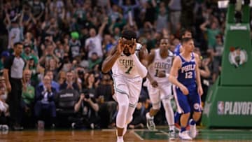 BOSTON, MA - MAY 9: Jaylen Brown #7 of the Boston Celtics reacts against the Philadelphia 76ers during Game Five of the Eastern Conference Semifinals of the 2018 NBA Playoffs on May 9, 2018 at TD Garden in Boston, Massachusetts. NOTE TO USER: User expressly acknowledges and agrees that, by downloading and or using this Photograph, user is consenting to the terms and conditions of the Getty Images License Agreement. Mandatory Copyright Notice: Copyright 2018 NBAE (Photo by David Dow/NBAE via Getty Images)