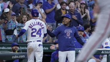 CHICAGO, ILLINOIS - JULY 17: Cody Bellinger #24 of the Chicago Cubs is congratulated by Marcus Stroman #0 of the Chicago Cubs after scoring against the Washington Nationals at Wrigley Field on July 17, 2023 in Chicago, Illinois. (Photo by Nuccio DiNuzzo/Getty Images)