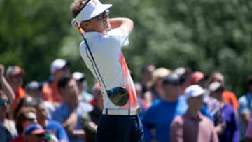 SUGAR GROVE, IL - MAY 29: Dylan Meyer of the University of Illinois hits an approach shot during the Division I Men's Golf Individual Championship held at Rich Harvest Farms on May 29, 2017 in Sugar Grove, Illinois. Meyer tied for sixth place with a -4 score. (Photo by Jamie Schwaberow/NCAA Photos via Getty Images)