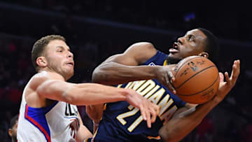 Dec 4, 2016; Los Angeles, CA, USA; Los Angeles Clippers forward Blake Griffin (32) fouls Indiana Pacers forward Thaddeus Young (21) in the second half of the game at Staples Center. Pacers won 111-102. Mandatory Credit: Jayne Kamin-Oncea-USA TODAY Sports