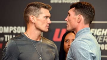 LIVERPOOL, ENGLAND - MAY 25: (L-R) Opponents Stephen Thompson and Darren Till of England face off during the UFC Ultimate Media Day at BT Convention Centre on May 25, 2018 in Liverpool, England. (Photo by Josh Hedges/Zuffa LLC/Zuffa LLC via Getty Images)