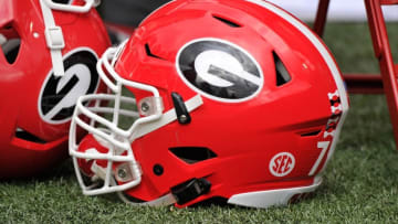 NASHVILLE, TN - SEPTEMBER 12: A helmet of the Georgia Bulldogs rests on the field during a game against of the Vanderbilt Commodores at Vanderbilt Stadium on September 12, 2015 in Nashville, Tennessee. (Photo by Frederick Breedon/Getty Images)