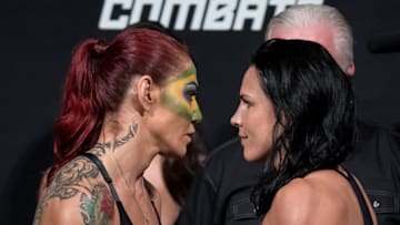 BRASILIA, BRAZIL - SEPTEMBER 23: Opponents Cris Cyborg (L) of Brazil and Lina Lansberg of Sweden face off during the UFC Fight Night 95 weigh-in at Nilson Nelson gymnasium on September 23, 2016 in Brasilia, Brazil. (Photo by Buda Mendes/Zuffa LLC/Zuffa LLC via Getty Images)