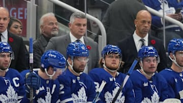 Nov 8, 2022; Toronto, Ontario, CAN; Toronto Maple Leafs head coach Sheldon Keefe watches the play against the Vegas Golden Knights during the first period at Scotiabank Arena. Mandatory Credit: Nick Turchiaro-USA TODAY Sports