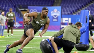 INDIANAPOLIS, INDIANA - MARCH 02: Defensive lineman Keion White of Georgia Tech participates in a drill during the NFL Combine at Lucas Oil Stadium on March 02, 2023 in Indianapolis, Indiana. (Photo by Stacy Revere/Getty Images)