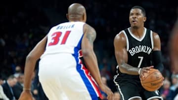 Nov 1, 2014; Auburn Hills, MI, USA; Detroit Pistons forward Caron Butler (31) guards Brooklyn Nets guard Joe Johnson (7) during the first quarter at The Palace of Auburn Hills. Mandatory Credit: Tim Fuller-USA TODAY Sports