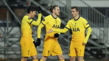 LINZ, AUSTRIA - DECEMBER 03: Son Heung-Min of Tottenham Hotspur celebrates with Gareth Bale and Giovani Lo (Photo by Alexander Hassenstein/Getty Images)