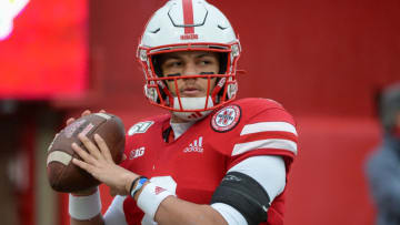 LINCOLN, NE - NOVEMBER 29: Quarterback Adrian Martinez #2 of the Nebraska Cornhuskers warms up before the game against the Iowa Hawkeyes at Memorial Stadium on November 29, 2019 in Lincoln, Nebraska. (Photo by Steven Branscombe/Getty Images)