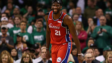 BOSTON, MA - APRIL 30: Joel Embiid #21 of the Philadelphia 76ers laughs during the second quarter of Game One of Round Two of the 2018 NBA Playoffs against the Boston Celtics at TD Garden on April 30, 2018 in Boston, Massachusetts. (Photo by Maddie Meyer/Getty Images)