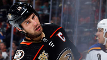 ANAHEIM, CA - JANUARY 23: Ryan Getzlaf #15 of the Anaheim Ducks reacts after a play during the game against the St. Louis Blues on January 23, 2019 at Honda Center in Anaheim, California. (Photo by Debora Robinson/NHLI via Getty Images)
