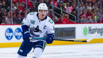 DETROIT, MI - OCTOBER 22: Bo Horvat #53 of the Vancouver Canucks follows the play against the Detroit Red Wings during an NHL game at Little Caesars Arena on October 22, 2019 in Detroit, Michigan. Vancouver defeated Detroit 5-2. (Photo by Dave Reginek/NHLI via Getty Images)