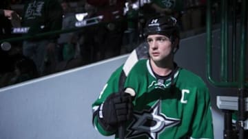 Jan 25, 2016; Dallas, TX, USA; Dallas Stars left wing Jamie Benn (14) is named the number one star in the win over the Calgary Flames at the American Airlines Center. The Stars defeat the Flames 2-1. Mandatory Credit: Jerome Miron-USA TODAY Sports