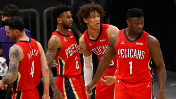 Zion Williamson #1, Jaxson Hayes #10, Nickeil Alexander-Walker of the New Orleans Pelicans (Photo by Christian Petersen/Getty Images)