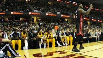 Nov 27, 2013; Cleveland, OH, USA; Miami Heat small forward LeBron James (6) stands in front of the Cleveland Cavaliers bench in the fourth quarter at Quicken Loans Arena. Mandatory Credit: David Richard-USA TODAY Sports