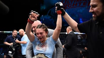 LAS VEGAS, NV - DECEMBER 01: Nicco Montano celebrates her unanimous-decision victory over Roxanne Modafferi in their women's flyweight championship bout during the TUF Finale event inside Park Theater on December 01, 2017 in Las Vegas, Nevada. (Photo by Jeff Bottari/Zuffa LLC/Zuffa LLC via Getty Images)