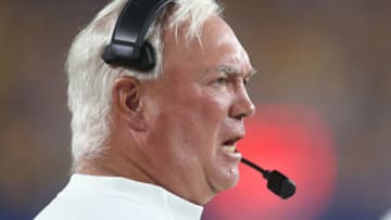 Aug 31, 2019; Pittsburgh, PA, USA; Pittsburgh Panthers offensive coordinator Mark Whipple reacts on the sidelines against the Virginia Cavaliers during the second quarter at Heinz Field. Mandatory Credit: Charles LeClaire-USA TODAY Sports