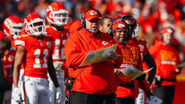KANSAS CITY, MO - DECEMBER 9: Head coach Andy Reid of the Kansas City Chiefs calls a play in from the sidelines during the first quarter of the game against the Baltimore Ravens at Arrowhead Stadium on December 9, 2018 in Kansas City, Missouri. (Photo by Jamie Squire/Getty Images)